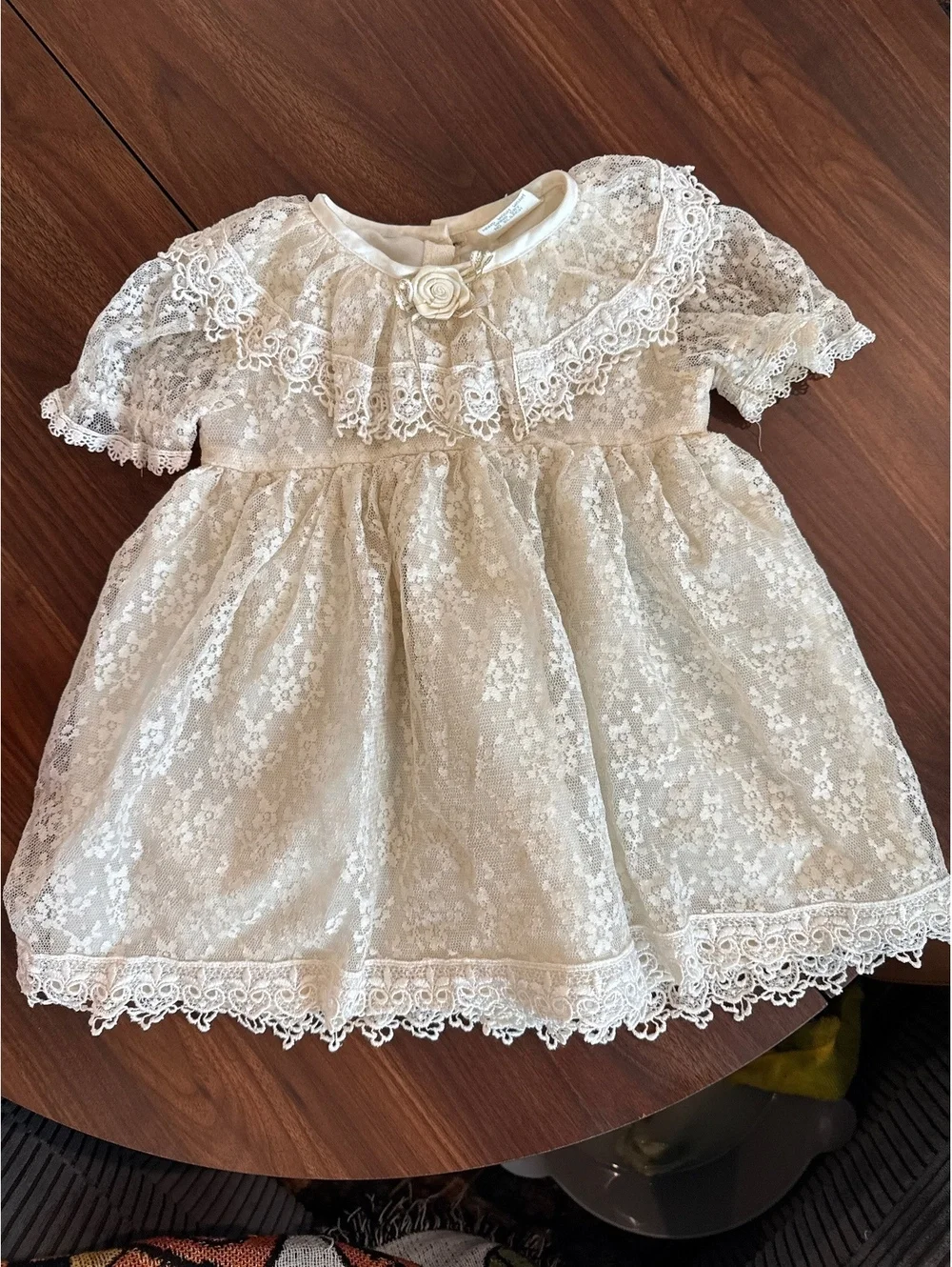 Vintage Baby Dress with Lace Overlay and Decorative Buttons, Size 24M